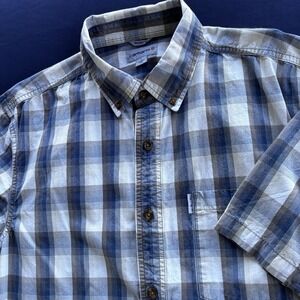 Carhartt Men's Plaid Short Sleeve Button Up Shirt L‎ Relaxed Fit Cotton Blue Tan